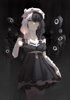 Rule 34 | 1girl, arm warmers, black hair, black nails, black nightgown, bow, braid, breasts, candle, candlestand, commentary, cowboy shot, disembodied eye, empire waist, english commentary, frilled nightgown, grey hair, hair bow, hat, highres, holding, holding candlestand, hololive, hololive english, large breasts, legs together, light blush, long hair, looking at viewer, looking up, low twin braids, multicolored hair, nail polish, nightgown, official alternate costume, official alternate hairstyle, pink arm warmers, pink bow, pink hat, pink thighhighs, shadelett, shiori novella, shiori novella (sleepwear), signature, sleepwear, solo, split-color hair, standing, star (symbol), thighhighs, twin braids, two-tone hair, virtual youtuber, yellow eyes