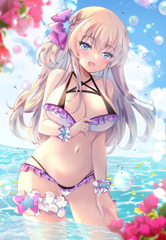 Rule 34 | 1girl, bikini, blonde hair, blue eyes, braid, breasts, cameltoe, frilled thigh strap, ichiyou moka, large breasts, long hair, navel, original, outdoors, purple bikini, side braid, single braid, solo, standing, swimsuit, thigh strap, wading