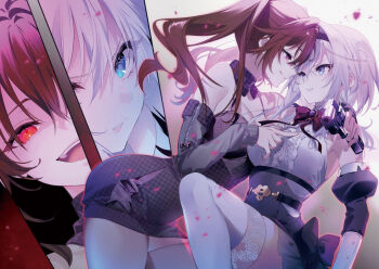 2girls black_bow black_dress black_hairband black_skirt black_sleeves blue_eyes bow breasts brooch brown_hair center_frills detached_sleeves dress floral_print frills grey_hair gun hair_between_eyes hairband high-waist_skirt holding holding_gun holding_weapon jewelry large_breasts lilithea long_hair mata_korosarete_shimatta_nodesune_tantei-sama medium_breasts multiple_girls novel_illustration official_art open_mouth parted_lips pointing pointing_at_another puffy_detached_sleeves puffy_sleeves purple_bow purple_eyes riichu rose_print second-party_source shadow shirt skirt sleeveless sleeveless_shirt thighhighs tongue weapon white_shirt white_thighhighs y._deringer zipper