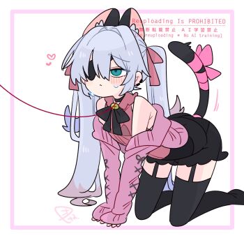 1boy all_fours animal_ear_fluff animal_ears armpit_crease bare_shoulders bell black_bra black_choker black_corset black_ribbon black_skirt black_tail black_thighhighs blue_eyes blue_hair blush bow bra bulge cardigan cat_boy cat_ears cat_tail choker collar colored_tips commentary corset crossdressing crossdressing_(mtf) double-parted_bangs earclip extra_ears eyepatch flipped_hair frilled_collar frills frown full_body garter_straps hair_between_eyes hair_bow hair_intakes heart highres leash long_hair long_sleeves male_focus miniskirt multicolored_hair neck_bell neck_ribbon no_nose no_shoes off_shoulder one_eye_covered op_na_yarou open_cardigan open_clothes original panties pink_bow pink_cardigan pink_ribbon pink_shirt quad_tails raised_inner_eyebrows red_hair ribbon rigel_(op_na_yarou) see-through_clothes see-through_shirt see-through_skirt shirt sidelocks simple_background skirt sleeveless sleeveless_shirt sleeves_past_wrists solo straight_hair sweatdrop tail tail_bow tail_ornament tail_ribbon thighhighs trap underwear very_long_hair watermark white_background white_hair