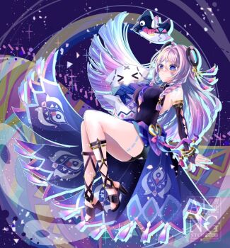 1girl bare_shoulders black_gloves black_leotard blue_eyes blush breasts citlali_(genshin_impact) citlalin_(genshin_impact) closed_mouth commentary_request fingerless_gloves fingernails full_body genshin_impact gloves high_heels itzpapa_(genshin_impact) leotard long_hair looking_at_viewer medium_breasts multicolored_hair nail_polish nose_blush pink_hair pink_pupils purple_hair purple_nails solo very_long_hair yuyu_(spika)