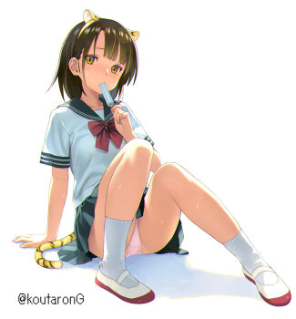 1girl animal_ear_fluff animal_ears black_hair black_sailor_collar black_skirt bow brown_eyes commentary_request fake_animal_ears food full_body hairband holding holding_food knees_up koutaro original panties pink_panties pleated_skirt popsicle red_bow sailor_collar shadow shirt shoes short_sleeves skirt socks solo sweat tail tiger_ears tiger_tail twitter_username underwear uwabaki white_background white_shirt white_shoes white_socks yellow_hairband