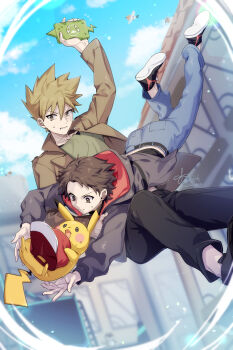 2boys 88_(einnimnech) alternate_costume belt black_belt black_pants black_shoes blue_oak brown_hair brown_jacket cloud commentary_request day fletchling gen_1_pokemon gen_4_pokemon gen_6_pokemon green_shirt grey_jacket hat highres holding holding_phone hood hood_down hooded_jacket jacket long_sleeves male_focus multiple_boys nintendo open_clothes open_jacket outdoors pants phone pikachu pokemon pokemon_(creature) red_(pokemon) red_hat rotom rotom_phone shirt shoes short_hair signature sky unworn_hat unworn_headwear