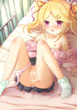 1girl absurdres after_rape aftersex blonde_hair blush bobby_socks bow bow_panties breasts camisole censored cleft_of_venus clothes_lift clothes_pull collarbone crying crying_with_eyes_open cum cum_in_pussy cumdrip dress dress_pull frilled_socks frills functionally_nude hair_bow hair_ornament hairclip highres loli long_hair lying misaki_(princess_connect!) misaki_(real)_(princess_connect!) mosaic_censoring nipples nyxerebos on_back on_bed open_mouth panties panties_around_leg pink_dress pink_eyes pink_panties pink_ribbon princess_connect! pussy ribbon saliva sex sidelocks skirt skirt_lift small_breasts socks tears twintails underwear vaginal white_footwear