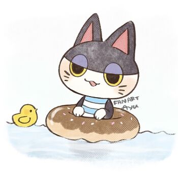 1boy :3 :d animal_crossing animal_ears artist_name ayu_(mog) bird cat_boy cat_ears commentary commentary_request donut_innertube english_commentary furry furry_male half-closed_eyes innertube lowres male_focus mixed-language_commentary nintendo open_mouth punchy_(animal_crossing) romaji_commentary simple_background smile solo swim_ring water white_background yellow_eyes
