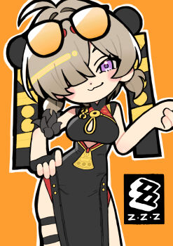 1girl absurdres andii_(anzai_teachco) black_gloves blush breasts chibi chibi_only china_dress chinese_clothes closed_mouth commentary_request dress eyewear_on_head fingerless_gloves gloves hair_over_one_eye hand_on_own_hip highres large_breasts low_twintails orange_background outline purple_eyes short_twintails simple_background single_fingerless_glove single_glove sleeveless sleeveless_dress solo sunglasses sweety_(zenless_zone_zero) thigh_strap twintails white_outline zenless_zone_zero