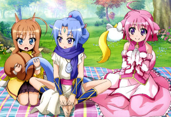 Rule 34 | 10s, 3girls, :o, absurdres, ahoge, animal ear fluff, animal ears, anklet, bare legs, bare shoulders, barefoot, blanket, blue eyes, blue hair, blush, bow, bowtie, brown hair, bush, butterfly sitting, day, detached sleeves, dog days, dog ears, dog girl, dog tail, dress, feet, feet together, flat chest, flower, flying, forehead jewel, gem, glass, gloves, grass, halterneck, hands on feet, happy, high ponytail, highres, holding, holding another's tail, holding own tail, holding with tail, horse ears, horse girl, horse tail, indian style, jewelry, kneehighs, kneeling, kuberu e pastillage, leg warmers, legs, light smile, long dress, long hair, long skirt, looking at another, looking at viewer, millhiore f. biscotti, multiple girls, nature, necklace, non-web source, nyantype, official art, open mouth, outdoors, own hands together, parted bangs, pendant, pink hair, plaid, ponytail, prehensile tail, purple eyes, ring, sash, scan, scarf, seiza, sharu (dog days), short hair, side slit, sidelocks, sitting, skirt, smile, socks, spread legs, squirrel ears, squirrel tail, surprised, tail, toeless legwear, toes, tree, turtleneck, vambraces, wariza, wavy hair, white gloves, white legwear