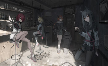 4girls animal_ear_fluff animal_ears arknights ballistic_shield bar_(place) black_capelet black_footwear black_gloves black_hair black_jacket black_legwear black_shirt black_shorts blonde_hair boots capelet closed_mouth commentary_request cow_horns croissant_(arknights) energy_wings expressionless exusiai_(arknights) food fur-trimmed_jacket fur_trim gloves green_eyes hair_over_one_eye halo highres holding holding_food horns indoors jacket knee_boots long_hair looking_at_viewer looking_back multiple_girls nekoreito open_mouth orange_eyes orange_hair pantyhose penguin_logistics_(arknights) pleated_skirt pocky purple_skirt red_hair riot_shield shield shirt shoes short_hair shorts sitting skirt smile sora_(arknights) standing stool texas_(arknights) thighhighs traditional_halo twintails visor_cap white_footwear white_gloves white_jacket white_legwear white_shirt wolf_ears