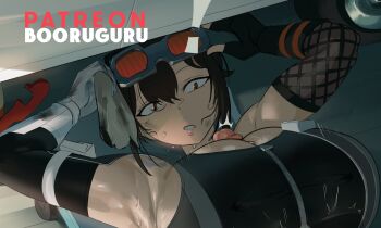 ! 1boy 1girl absurdres alternate_breast_size_(larger) arm_pouch armpits arms_up artist_name bare_shoulders black_gloves black_hair black_sports_bra booruguru breasts car cleaning_rag commentary double-parted_bangs elbow_gloves english_commentary fishnet_gloves fishnets gloves goggles goggles_on_head grace_howard grease_(mechanical) hair_between_eyes hetero highres huge_breasts looking_at_penis lying motor_vehicle on_back paid_reward_available paizuri parted_lips patreon_username penis red_eyes short_hair solo_focus sports_bra surprised sweat zenless_zone_zero zipper_top