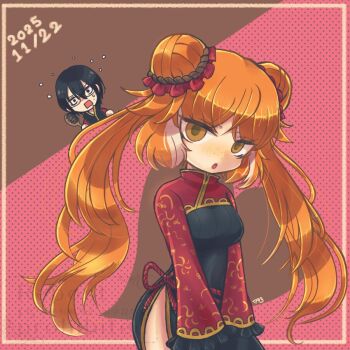 1boy 1girl 793_(oo793oo) breasts commentary_request cowboy_shot dated double_bun frilled_sleeves frills gold_trim green_eyes hair_bun hongyuan_(identity)_(project_moon) ishmael_(project_moon) limbus_company long_hair long_sleeves looking_at_viewer medium_breasts multicolored_hair open_mouth orange_hair project_moon red_shrug shrug_(clothing) streaked_hair twintails very_long_hair white_hair yi_sang_(project_moon)