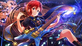 1girl asymmetrical_bangs asymmetrical_hair blue_dress blue_eyes boots breasts clothing_cutout dress earrings electric_guitar facial_mark galaxy galaxy_background grin guitar guitar_strap hair_slicked_back holding holding_guitar holding_instrument idolmaster idolmaster_million_live! idolmaster_million_live!_theater_days instrument jewelry julia_(idolmaster) long_bangs looking_at_viewer magic_circle music musical_note nebula official_alternate_hairstyle pentagram playing_guitar playing_instrument plectrum puffy_short_sleeves puffy_sleeves red_hair short_hair short_sleeves sky smile solo space star_(sky) star_(symbol) star_facial_mark starry_sky teeth tomboy