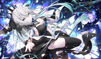 Rule 34 | 1girl, black bow, black dress, black thighhighs, blue eyes, bow, braid, breasts, center opening, cleavage, commentary request, dress, fate/grand order, fate (series), gabiran, grey hair, hair bow, highres, large breasts, long hair, long sleeves, looking at viewer, morgan le fay (fate), morgan le fay (third ascension) (fate), navel, parted lips, pelvic curtain, ponytail, sidelocks, solo, spikes, staff, stomach tattoo, tattoo, thighhighs, tiara, two-tone dress, very long hair, white dress, wide sleeves