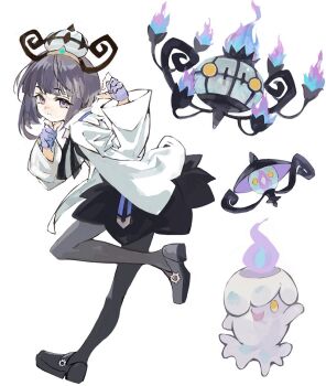 Rule 34 | 1girl, black dress, black hair, black pantyhose, blue gloves, blunt bangs, bob cut, candle, chandelier, chandelure, closed mouth, coat, commentary request, dress, evolutionary line, fire, full body, gen 5 pokemon, gloves, gradient hair, gwynn (pokemon), hat, konabetate, lamo, lampent, litwick, long sleeves, looking at viewer, mega stone, multicolored hair, nintendo, open clothes, open coat, open mouth, pantyhose, partially fingerless gloves, pokemon, pokemon (creature), pokemon legends: z-a, purple eyes, purple fire, purple hair, short hair, simple background, smile, white background, white coat, yellow eyes