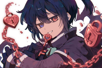 Rule 34 | 1boy, black hair, black sig, blue eyes, commentary request, double-parted bangs, griffon0416, hair between eyes, heterochromia, highres, holding, holding key, key, keyhole, lock, long sleeves, looking at viewer, male focus, parted lips, puyopuyo, red eyes, short hair, sidelocks, sig (puyopuyo), smile, solo, upper body