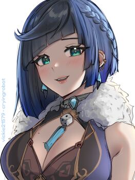 1girl artist_name bare_shoulders blue_hair braid breasts commentary crown_braid diagonal_bangs dice ear_piercing earrings eyes_visible_through_hair fur_collar genshin_impact green_eyes highres jewelry large_breasts light_blush looking_at_viewer mole mole_on_breast parted_lips piercing short_hair simple_background sketch sleeveless smile solo tassel upper_body vickie_(cryingrobot) white_background yelan_(genshin_impact)
