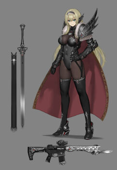 1girl black_bodystocking black_garter_straps black_leotard blonde_hair bodystocking boots breasts cape commentary_request covered_navel garter_straps gold_trim green_eyes grey_background gun hair_between_eyes hand_on_own_hip high_heel_boots high_heels highres hiyashiru large_breasts leotard long_hair looking_at_viewer mechanical_arms original red_cape rifle scabbard sheath silver_trim simple_background solo sword thigh_boots very_long_hair weapon