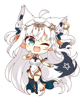 1girl 7:08 absurdres ahoge animal_ear_fluff animal_ears black_thighhighs blush bracelet braid breasts chibi china_dress chinese_clothes commentary_request dancer dress earrings extra_ears fang fox_ears fox_girl fox_tail green_eyes hair_between_eyes hair_ornament highres hololive jewelry leg_up long_hair looking_at_viewer medium_breasts one_eye_closed open_mouth pentagram shirakami_fubuki sidelocks simple_background single_braid sleeveless sleeveless_dress solo tail thigh_strap thighhighs virtual_youtuber white_background white_dress white_hair