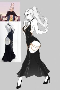 1girl alternate_hairstyle ayase_seiko black_dress black_footwear clothing_cutout dandadan dress genjiruu glasses grey_background greyscale high_heels highres hip_vent long_dress long_hair modakawa_dress monochrome photo-referenced ponytail reference_inset simple_background sleeveless sleeveless_dress