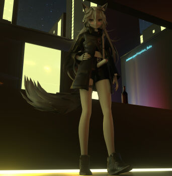 1futa 3d absurdres animal_ear_fluff animal_ears arknights blender_(medium) blush ears_down erection foreskin futanari highres just_hopeless_baka lappland_(arknights) looking_at_viewer midriff open_fly penis penis_out phimosis scar scar_across_eye scar_on_face shoes shorts solo tail wolf_girl