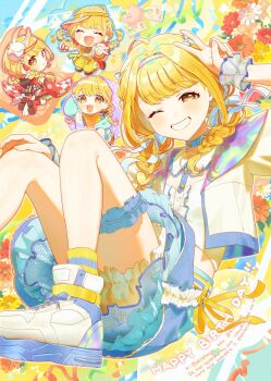 1girl banknote blonde_hair blue_choker blue_ribbon blue_skirt blush braid choker commentary_request crop_top cropped_jacket flower frilled_skirt frilled_thigh_strap frilled_wristband frills fujita_kotone gakuen_idolmaster grin hair_ribbon hairband happy_birthday hatsuboshi_gakuen_school_uniform highres idolmaster kamurogiku_(idolmaster) long_hair looking_at_viewer money official_alternate_costume one_eye_closed piggy_bank pjkuasu ribbon school_uniform sekaiichi_kawaii_watashi_(idolmaster) shoes skirt smile sneakers socks thigh_strap twin_braids v yellow_big_bang!_(idolmaster) yellow_eyes