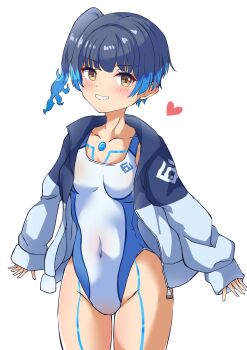 1girl blue_hair blush breasts brown_eyes dark-skinned_female dark_skin heart highres jacket long_sleeves one-piece_swimsuit otama_(otama_ladle23) sena_(xenoblade) side_ponytail small_breasts swimsuit teeth white_background xenoblade_chronicles_(series) xenoblade_chronicles_3