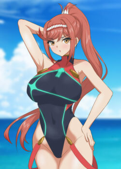 1girl alternate_costume armpits breasts competition_swimsuit cosplay glimmer_(xenoblade) groin hand_on_own_hip hands_on_own_hips hata_(pixiv10403940) highleg highres large_breasts long_hair one-piece_swimsuit ponytail presenting_armpit pyra_(pro_swimmer)_(xenoblade) pyra_(xenoblade) pyra_(xenoblade)_(cosplay) sleeveless sleeveless_turtleneck swimsuit turtleneck very_long_hair xenoblade_chronicles_(series) xenoblade_chronicles_3