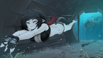 1girl animal_ears biru_saeika black_hair breasts bubble ear_piercing feet fingerless_gloves full_body gloves gradient_hair green_eyes hanging_breasts jacket jane_doe_(zenless_zone_zero) light_blush multicolored_hair panties piercing plant red_hair smile swimming tail tunnel underwater underwear undressing water zenless_zone_zero