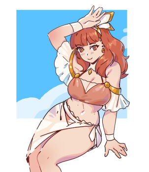 1girl bikini celica_(fire_emblem) commentary earrings eili_enie english_commentary fire_emblem fire_emblem_echoes:_shadows_of_valentia frilled_bikini frills jewelry legs_together light_blush looking_at_viewer nintendo orange_bikini orange_eyes orange_hair sarong smile swimsuit white_sarong