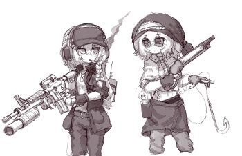 Rule 34 | 2girls, alice margatroid, alternate costume, alternate headwear, baseball cap, belt, blush, bow, braid, cigarette, commentary, dog tags, doll, fingerless gloves, fish hook, gloves, greyscale, gun, hair bow, hat, headset, highres, holding, holding gun, holding weapon, jacket, kirisame marisa, korean commentary, monochrome, multiple girls, open clothes, open jacket, pants, rampa93, rifle, round eyewear, shanghai doll, shirt, side braid, single braid, smoking, sunglasses, touhou, weapon