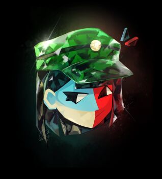 1girl black_eyes black_hair blunt_bangs blunt_ends bob_cut colored_skin commentary crystal_hair ena:_dream_bbq ena_(dream_bbq) ena_(series) ena_(species) green_hat hat highres multicolored_skin red_skin salesperson_ena simple_background smile split-color_skin symbol-only_commentary two-tone_skin usagimarumei