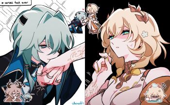 1boy 2girls aglaea_(honkai:_star_rail) anaxa_(honkai:_star_rail) aqua_eyes aqua_hair artist_name bare_shoulders black_background black_jacket blonde_hair breasts calypso_(honkai:_star_rail) chibi chibi_inset claireiosity cleavage commentary dress english_commentary english_text eyepatch flower gold_choker gold_ring hair_between_eyes hair_flower hair_intakes hair_ornament hand_tattoo heart hetero highres holding_hands honkai:_star_rail honkai_(series) jacket jewelry kiss kissing_hand kneeling large_breasts laurel_crown long_hair looking_at_another mandarin_collar medium_hair multicolored_eyes multiple_girls multiple_rings multiple_views no_pupils on_one_knee parted_lips pink_eyes portrait red_tattoo ring side_ponytail sleeveless sleeveless_dress split_theme tattoo two-tone_eyes veins white_background white_dress yellow_eyes yellow_nails