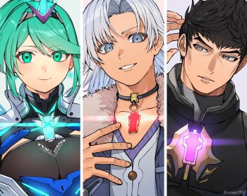 1girl 2boys alvis_(xenoblade) armor black_hair breasts chest_jewel commentary_request core_crystal_(xenoblade) earrings fingernails fur_collar green_eyes green_hair grey_eyes grey_hair highres jewelry kinagi_(3307377) large_breasts malos_(xenoblade) multiple_boys pendant_choker pneuma_(xenoblade) ponytail smile twitter_username xenoblade_chronicles_(series) xenoblade_chronicles_2