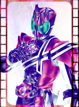 Rule 34 | 1boy, armor, belt, bodysuit, card, compound eyes, cowboy shot, decadriver, green eyes, helmet, highres, holding, holding card, kamen rider, kamen rider dcd, kamen rider decade, kamen rider zi-o, kamen rider zi-o (series), kuzurx, male focus, multiple boys, multiple girls, pink armor, rider card, solo, tokusatsu, weapon