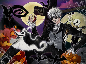 3boys black_crown crown diamond_hairband formal_clothes gloves highres jack_skellington jacket long_sleeves looking_at_viewer male_focus moon multiple_boys pinstripe_pattern pinstripe_suit pumpkin round_eyewear short_hair skeleton_print skully_j._graves smile striped_clothes striped_jacket suit sunglasses the_nightmare_before_christmas twisted_wonderland user_gzhy4252 vertical-striped_clothes vest white_hair zero_(nbc)