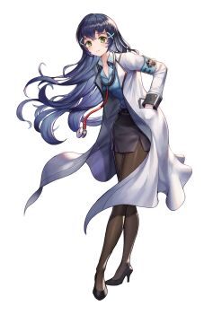 1girl armband artist_request belt belt_buckle black_belt black_hair black_pantyhose black_skirt blue_armband blue_shirt breasts buckle buttons coat collared_shirt commentary commentary_request dress_shirt emblem english_commentary floating_clothes floating_hair full_body green_eyes hair_tie hands_in_pockets high_heels highres king's_raid korean_commentary lab_coat lapels leaning_forward long_sleeves mediana miniskirt mixed-language_commentary nurse official_alternate_costume official_art pantyhose pencil_skirt second-party_source shirt skirt small_breasts smile solo stethoscope stethoscope_around_neck white_coat wind