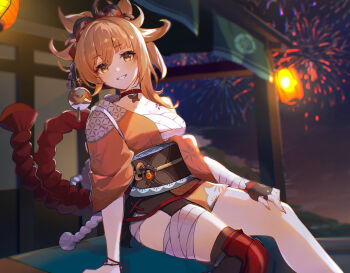 1girl absurdres aerial_fireworks arm_support bad_id bad_pixiv_id bandaged_leg bandaged_wrist bandages black_gloves breasts brown_sash building butterfly_choker chest_sarashi choker cleavage feet_out_of_frame fingerless_gloves fingernails fireworks genshin_impact gloves grin hadanugi_dousa hair_ornament highres japanese_clothes kanzashi kimono lamp long_fingernails long_hair looking_at_viewer medium_breasts nail_polish night night_sky open_clothes open_kimono orange_eyes orange_hair orange_kimono orange_nails outdoors pendant_choker ponytail red_choker rope sarashi shimenawa shin_guards shizaki single_bare_shoulder single_fingerless_glove single_glove sitting sky smile solo thighs vision_(genshin_impact) wristband yoimiya_(genshin_impact)