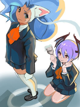 2girls animal_ears animal_hands bat_wings blue_hair cat_ears darkstalkers felicia_(darkstalkers) green_eyes jacket lilith_(darkstalkers) long_hair long_sleeves meke_(77842928) multiple_girls paintbrush pink_hair red_eyes school_uniform short_hair skirt very_long_hair white_fur wings