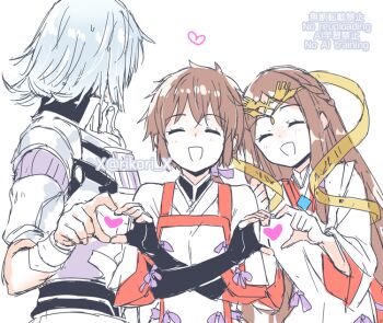 1boy 2girls :d ^_^ artist_name brown_hair closed_eyes commentary fan_la_norne heart heart_hands heart_hands_duo heart_hands_duo_chain heart_in_heart_hands jin_(xenoblade) long_hair lora_(xenoblade) medium_hair mizuki_riko multiple_girls open_mouth short_hair smile standing symbol-only_commentary tiara twitter_username watermark white_background white_hair xenoblade_chronicles_(series) xenoblade_chronicles_2 xenoblade_chronicles_2:_torna_-_the_golden_country
