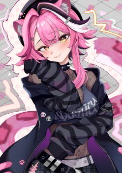 1girl absurdres animal_ear_fluff animal_ears beret black_bodystocking black_collar black_hat black_jacket black_shirt black_shorts black_streaks breasts cat_ears cat_girl cat_tail collar fang fish_hair_ornament hair_ornament hairpin hat highres hololive hololive_english jacket large_breasts looking_at_viewer medium_hair na_nu_017 pink_hair raora_panthera shirt shorts sidelocks skin_fang sleeves_past_fingers sleeves_past_wrists smile solo spiked_collar spikes tail torn_clothes torn_shorts virtual_youtuber white_streaks x_hair_ornament yellow_eyes