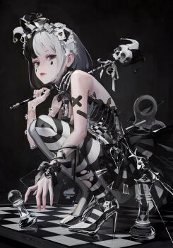 Rule 34 | 1girl, ame929, asymmetrical legwear, black hair, board game, card, chess, chess piece, closed mouth, cup, glass, grey eyes, hat, high heels, highres, hourglass, hourglass necklace, jester cap, king (chess), looking at viewer, mismatched legwear, multicolored hair, original, patent heels, pawn (chess), playing card, playing card hair ornament, pocket watch, pumps, shoes, short hair, skull, solo, split-color hair, squatting, staff, stiletto heels, striped clothes, striped thighhighs, teacup, teardrop facial mark, thighhighs, two-tone hair, watch, white hair