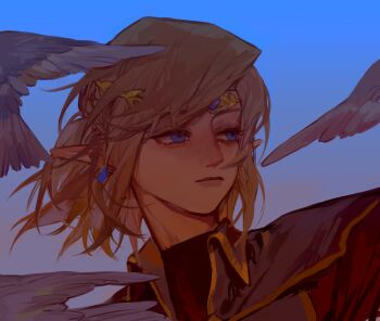 Rule 34 | 1boy, absurdres, bird, black shirt, blonde hair, blue background, blue eyes, chinese commentary, circlet, closed mouth, commentary request, earrings, gold trim, highres, jewelry, lin09, link, male focus, nintendo, outdoors, pointy ears, portrait, royal guard set (zelda), shirt, short hair, solo, the legend of zelda, the legend of zelda: breath of the wild