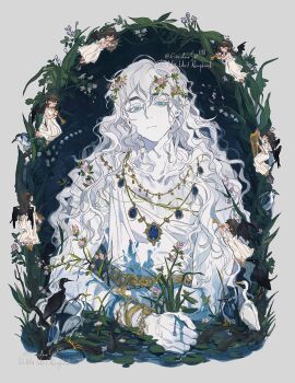 Rule 34 | 1boy, 1girl, ancient greek clothes, angel, belt, bird, black bird, black hair, black halo, black wings, blue bird, blue eyes, blue gemstone, blush, border, bracelet, branch, broken halo, closed eyes, collarbone, colored eyelashes, colored skin, curly hair, degrees of lewdity, dress, egret (animal), empty eyes, fallen angel, feathered wings, floral border, flower, flying, gem, gold bracelet, gold necklace, grass, great blue heron, greco-roman clothes, hair between eyes, hair flower, hair ornament, halo, harp, head tilt, headband, heron, highres, holding, holding instrument, holding lyre, holding trumpet, in water, instrument, ivory wraith, jewelry, lenereco, light frown, lily of the valley, lily pad, long dress, long sleeves, looking at viewer, lotus, lyre, multiple bracelets, music, necklace, ornate border, partially submerged, peplos, pink flower, plant, player character (degrees of lewdity), player character (female) (degrees of lewdity), playing instrument, pond, purple flower, red gemstone, sidelocks, thick eyebrows, trumpet, twitter username, water, wet, wet clothes, white bird, white dress, white eyelashes, white flower, white hair, white skin, wide sleeves, wings, yellow headband