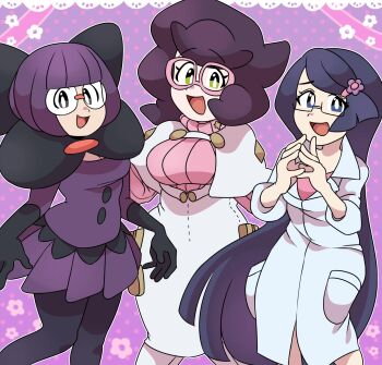 3girls absurdres big_hair black_gloves black_pantyhose blunt_bangs bob_cut bow breasts buttons capelet cleavage elbow_gloves fennel_(pokemon) fire flower flower_on_head glasses gloves green_eyes hair_ornament hairclip high-waist_skirt highres lab_coat large_bow large_breasts long_hair long_sleeves loveycloud low-cut medium_breasts medium_skirt multiple_girls nintendo open_mouth pantyhose pencil_skirt pink-framed_eyewear pink_sweater pokemon pokemon_bw pokemon_sm purple_eyes purple_fire purple_hair purple_skirt raised_eyebrows ribbed_sweater rimless_eyewear round_eyewear semi-rimless_eyewear shauntal_(pokemon) short_hair short_sleeves skirt sleeves_rolled_up small_breasts smile sweater sweater_guard turtleneck turtleneck_sweater very_long_hair white_capelet white_skirt wicke_(pokemon)