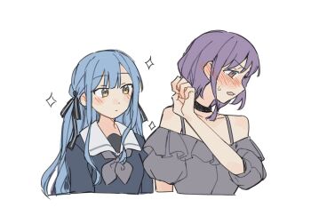 Rule 34 | 2girls, bang dream!, bang dream! it's mygo!!!!!, bare shoulders, black choker, black ribbon, blue hair, blue shirt, blush, choker, commentary, ear blush, grey neckerchief, grey shirt, hair ribbon, hashtag-only commentary, highres, jenjen, long hair, looking at another, multiple girls, neckerchief, off-shoulder shirt, off shoulder, pink eyes, purple hair, ribbon, sailor collar, school uniform, shirt, short hair, simple background, sparkle, sweat, togawa sakiko, tsukinomori school uniform, two side up, white background, white sailor collar, yellow eyes, yuutenji nyamu