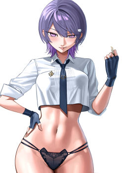 1girl absurdres belt black_belt black_gloves black_necktie black_panties blush breasts cat_ear_panties cat_hair_ornament closed_mouth commentary cowboy_shot crop_top fingerless_gloves gloves hair_ornament hand_on_own_hip highres ksp_(vtuber) linea_alba looking_at_viewer medium_breasts meridian_project multi-strapped_panties navel necktie panties purple_eyes purple_hair ryoyu_(ryoyustarlight) shirt shirt_partially_tucked_in shoes simple_background smile solo standing tie_clip tongue tongue_out underwear virtual_youtuber white_background white_shirt