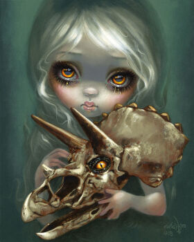 1girl blonde_hair closed_mouth eyelashes highres holding holding_skull jasmine_becket-griffith lips long_hair looking_at_viewer makeup orange_eyes original painting_(medium) pale_skin philtrum portrait round_nose skull solo traditional_media triceratops