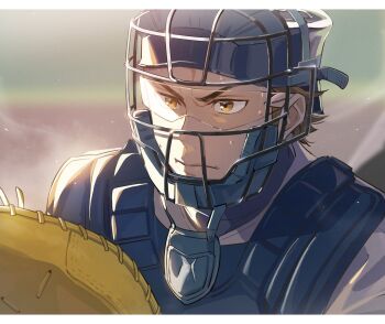 Rule 34 | 1boy, absurdres, ace of diamond, baseball, baseball glove, baseball helmet, baseball jersey, baseball uniform, brown eyes, brown hair, chest protector, closed mouth, commentary, goggles, helmet, highres, jersey, letterboxed, male focus, miyuki kazuya, sato (sato 1 11), short hair, solo, sportswear, sweat, symbol-only commentary, v-shaped eyebrows