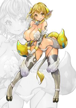 absurdres animal_ears animal_print bare_shoulders black_nails blonde_hair blush body_markings breasts cleavage commentary_request cow_ears cow_girl cow_print cow_print_sleeves cow_print_thighhighs cow_tail curled_horns detached_sleeves different_zoom_layer dot_nose heart highres hooves horns jewelry large_breasts medium_hair monster_girl navel necklace organic_bra original print_thighhighs shitoi_(aqua1487) smile tail thighhighs tongue tongue_out white_background yellow_eyes yellow_horns zoom_layer