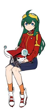 ahoge appmon digimon digimon_universe:_appli_monsters gatchmon genderswap genderswap_(mtf) goggles goggles_on_head green_hair highres long_hair shinkai_haru sitting tagme