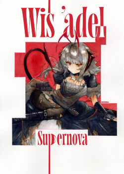 1girl absurdres antennae arknights black_boots black_gloves black_pantyhose boots breasts character_name commentary_request demon_girl demon_horns demon_tail fingerless_gloves gloves grey_hair grey_shirt hakamori_shishamo highres horns looking_at_viewer lying medium_breasts official_alternate_costume on_side pantyhose shirt short_hair simple_background solo tail w_(arknights) white_background wis'adel_(arknights) wis'adel_(supernova)_(arknights) yellow_eyes